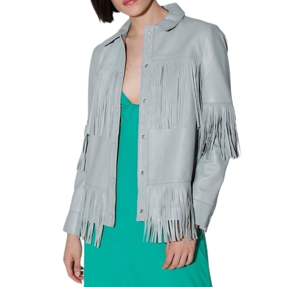 Walter Baker Nash Fringe Leather Jacket XS Blue‎